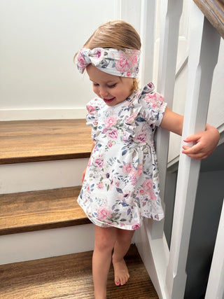 Frilly Short Sleeve Dress - Floral Sky