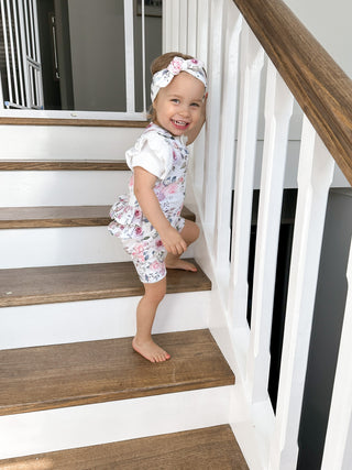 Frilly Short Overalls - Floral Sky