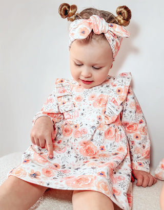 Langärmliges Rüschen kleid-Pfirsich blüten blätter