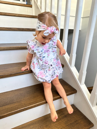 Frilly Short Sleeve Dress - Floral Sky