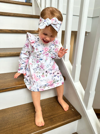 Frilly Long Sleeve Dress - Floral Sky